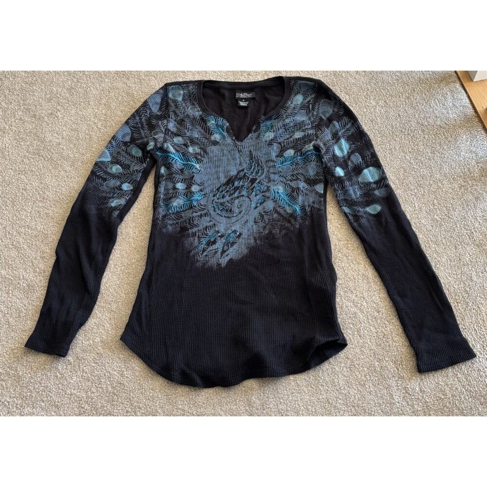 Lucky Brand Size Medium Women’s Long Sleeve Waffle Knit Peacock Print Shirt